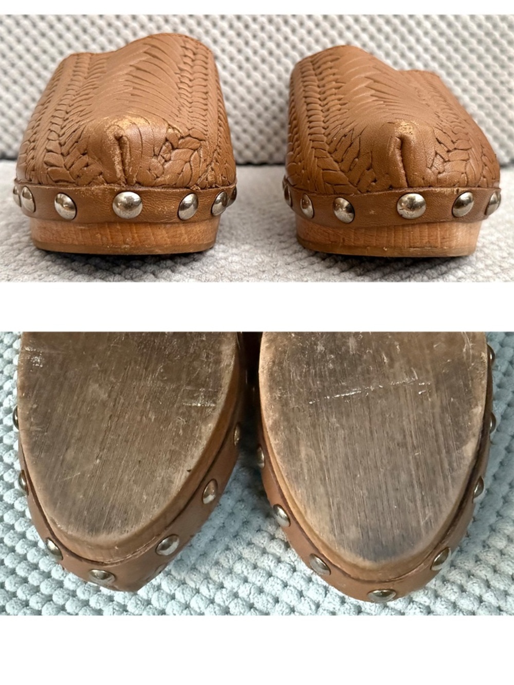 Miu Miu 36 US 6 Y2K Woven Leather Wooden Mules Metal Studs Chunky Wood Mid-Heel - Picture 5 of 10